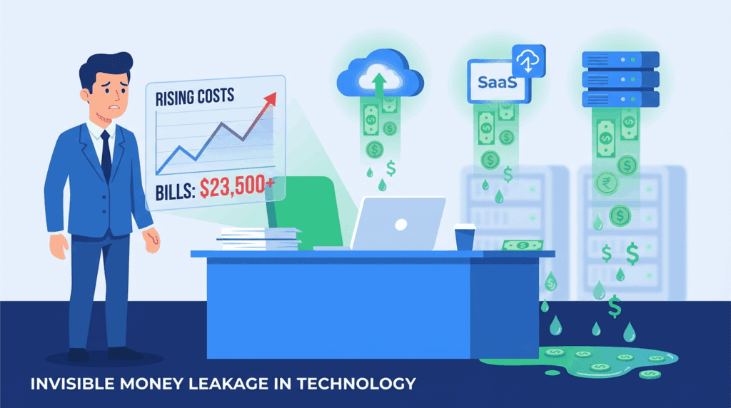 Ilustração mostrando desperdício de custos em SaaS e computação em nuvem