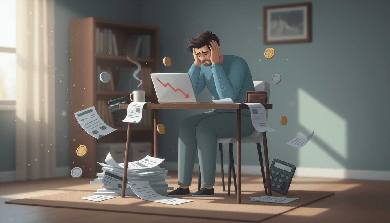 Ilustração sobre erros financeiros comuns com contas acumuladas e descontrole financeiro