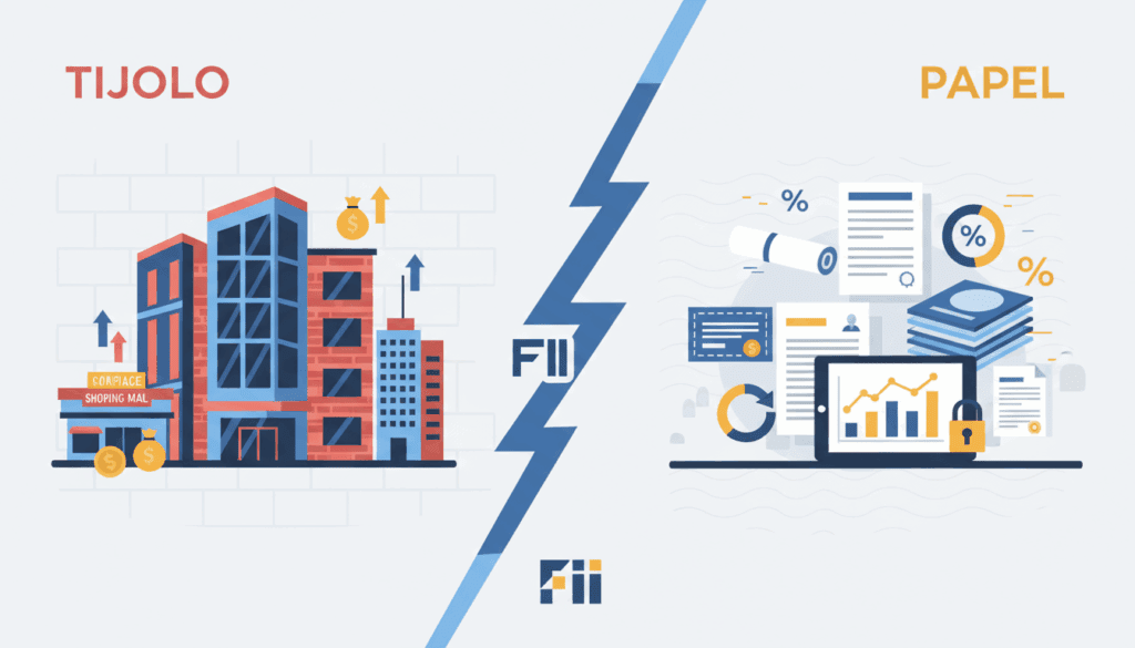 Comparativo visual entre fundos imobiliários de tijolo e de papel — imóveis reais versus títulos de crédito imobiliário.