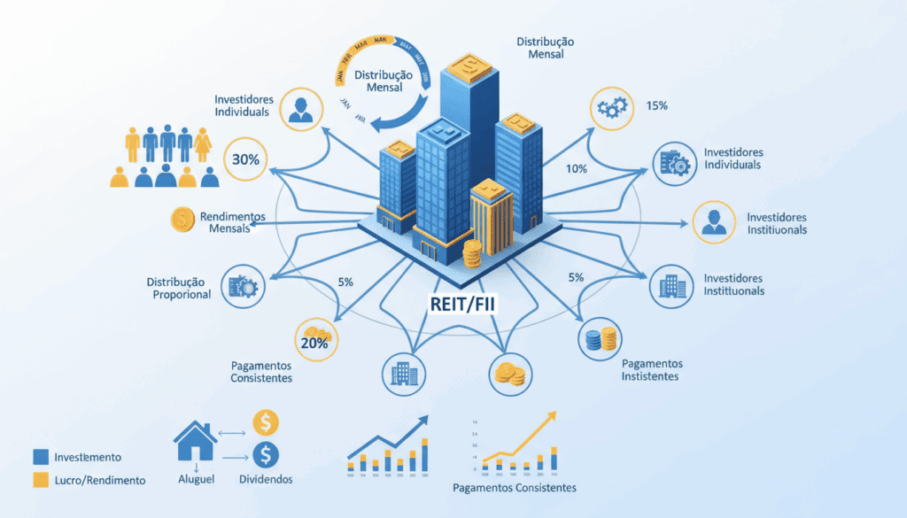 Gráfico mostrando distribuição mensal de rendimentos entre cotistas de fundos imobiliários — exemplo de renda passiva com FIIs