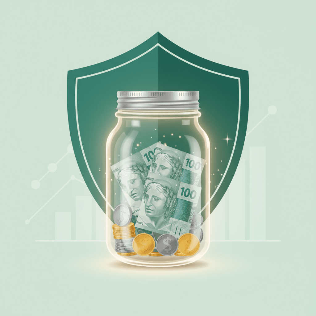 reserva de emergência representada por jarro de dinheiro com ícone de proteção