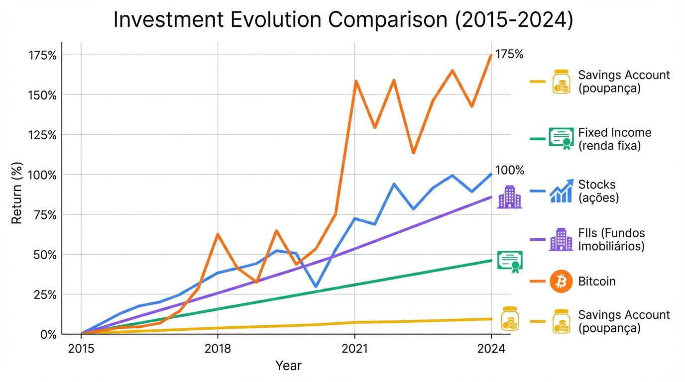 Gráfico comparativo quanto rende 10 mil reais em 6 investimentos