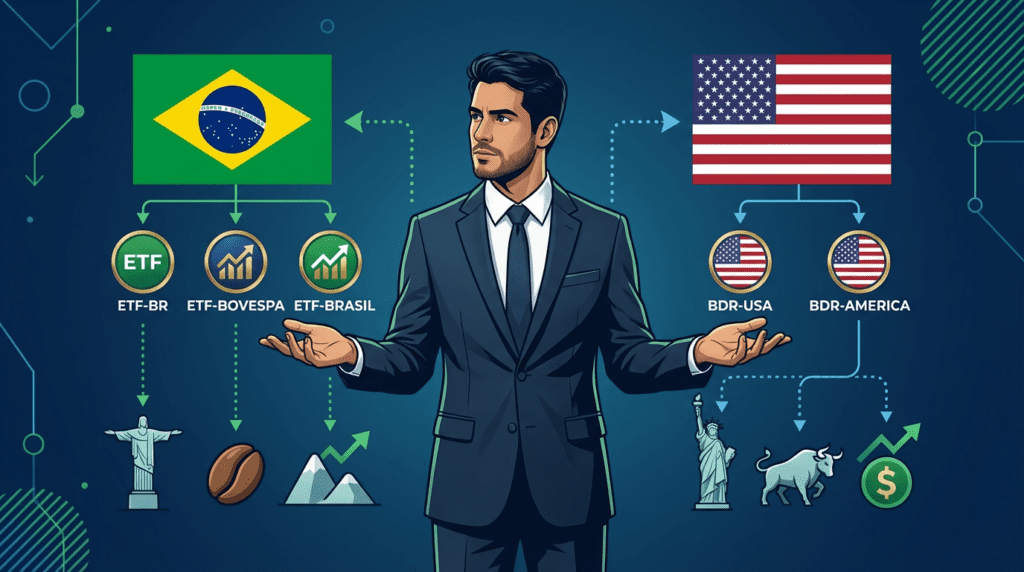 Infográfico com bandeiras do Brasil e dos EUA, representando ETFs e BDRs na mesma carteira.