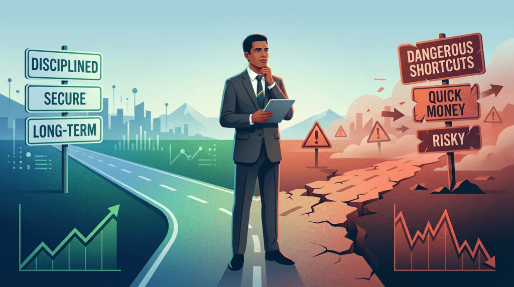 investidor caminhando em uma estrada bifurcada: um lado disciplinado e seguro, outro cheio de placas de “atalhos perigosos”