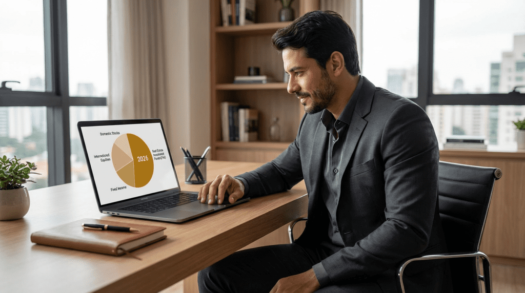 ilustração de um investidor observando uma pizza de alocação de ativos no notebook, com destaque para “FIIs 2026”.