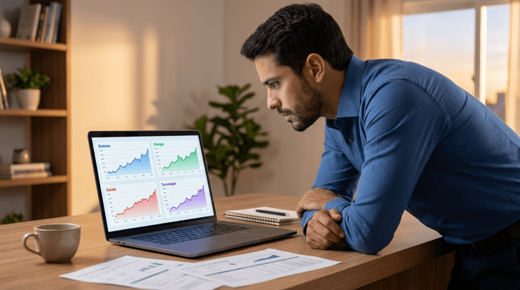 Investidor olhando para uma tela com gráficos, mas com diferentes setores destacados (bancos, energia, tecnologia, saúde).
