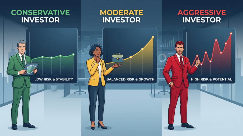 Três perfis de investidores lado a lado (conservador, moderado, arrojado) com ícones ou gráficos diferentes.