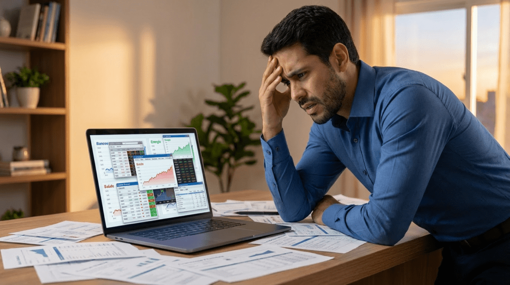 Tela de computador com dezenas de gráficos confundindo o investidor, que está com cara de sobrecarga de informação.