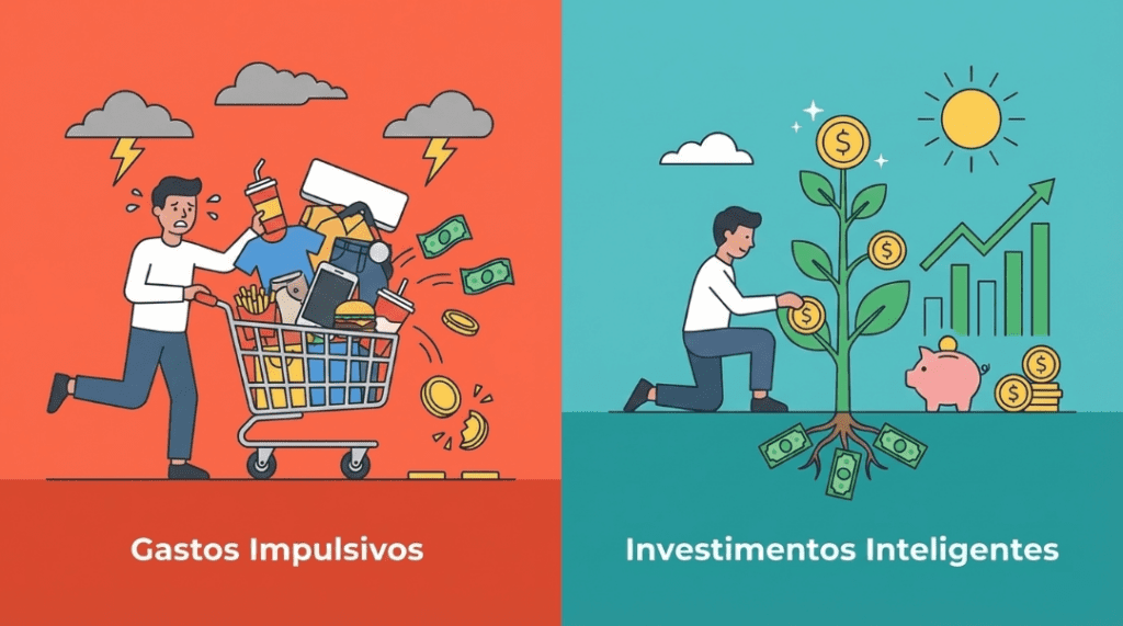 Como Chegar ao Primeiro Milhão: Comparação visual entre “gastos impulsivos” e “investimentos inteligentes”