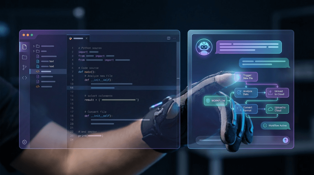 mão alcançando uma interface holográfica complexa com código e arquivos de projeto