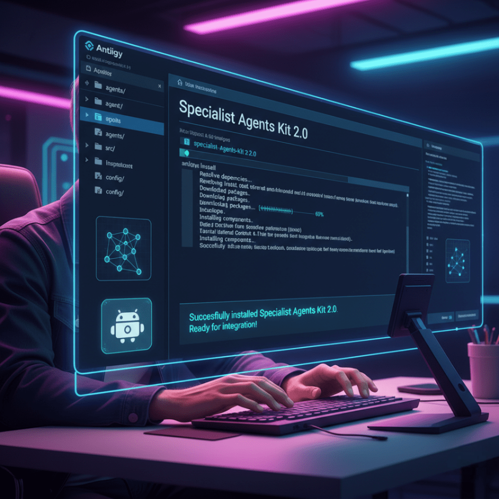 agentes especialistas Antigravity: Antigravity mostrando o processo de instalação do Kit de Agentes Especialistas 2.0