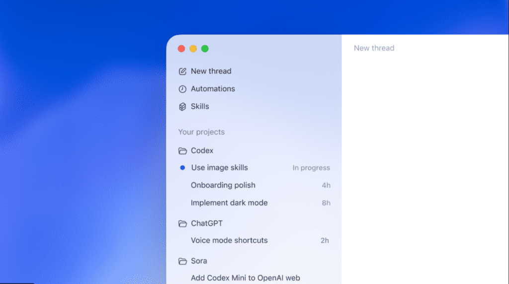 OpenAI Codex app: tela do aplicativo