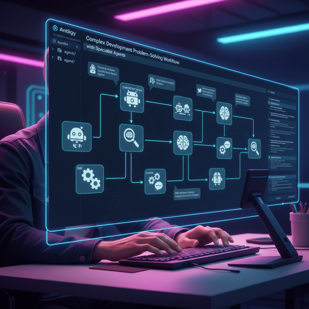 workflow complexo no Antigravity, com diferentes agentes , interagindo através de 'skills'