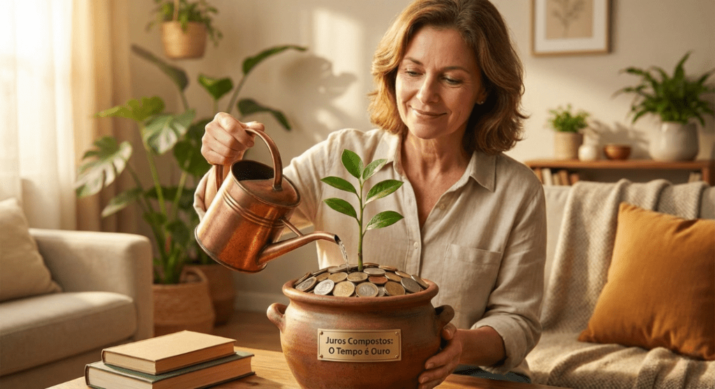 Uma pessoa de meia-idade regando uma pequena planta que cresce em um pote de moedas, simbolizando o poder dos juros compostos e o crescimento do patrimônio ao longo do tempo