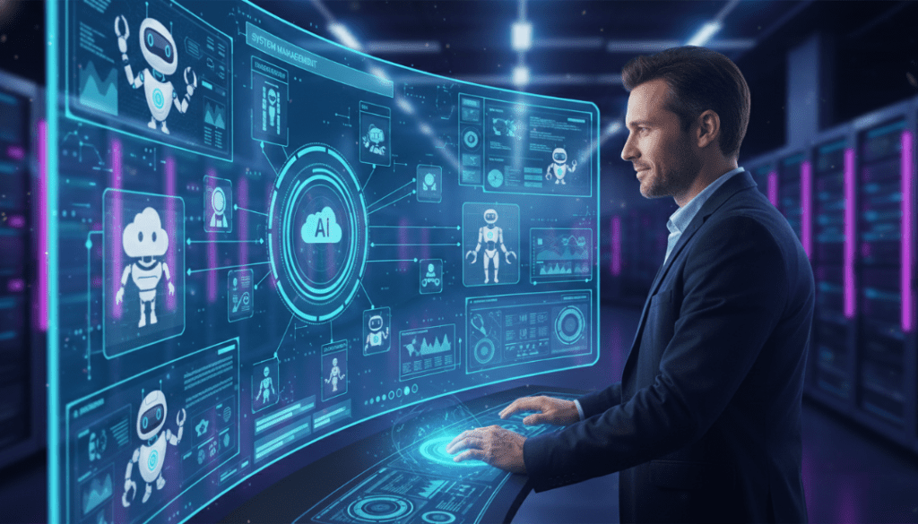 humano supervisionando um painel de controle complexo, onde vários agentes de IA autônomos estão operando