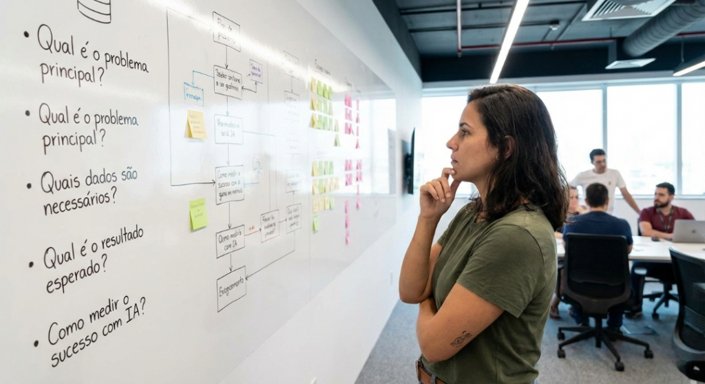Uma pessoa pensativa olhando para um diagrama de fluxo ou um quadro branco com perguntas claras sobre um problema, simbolizando a definição precisa de um objetivo antes de usar a IA