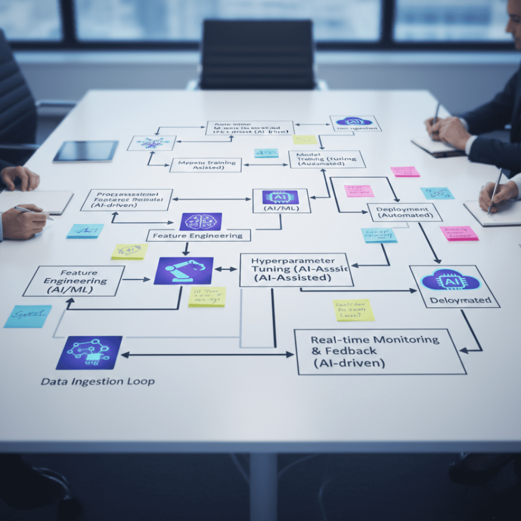 Um diagrama de fluxo complexo, mas organizado, com ícones de IA em cada etapa, simbolizando a criação de workflows eficientes e a integração de ferramentas de IA.